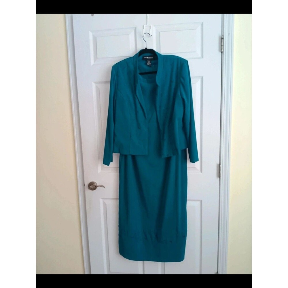 Vintage 90s Sag Harbor 2-Piece Dress & Jacket Set Teal Tone-on-Tone Floral 14